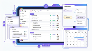 ClickUp features including task lists, boards, calendar, and automation tools for productivity